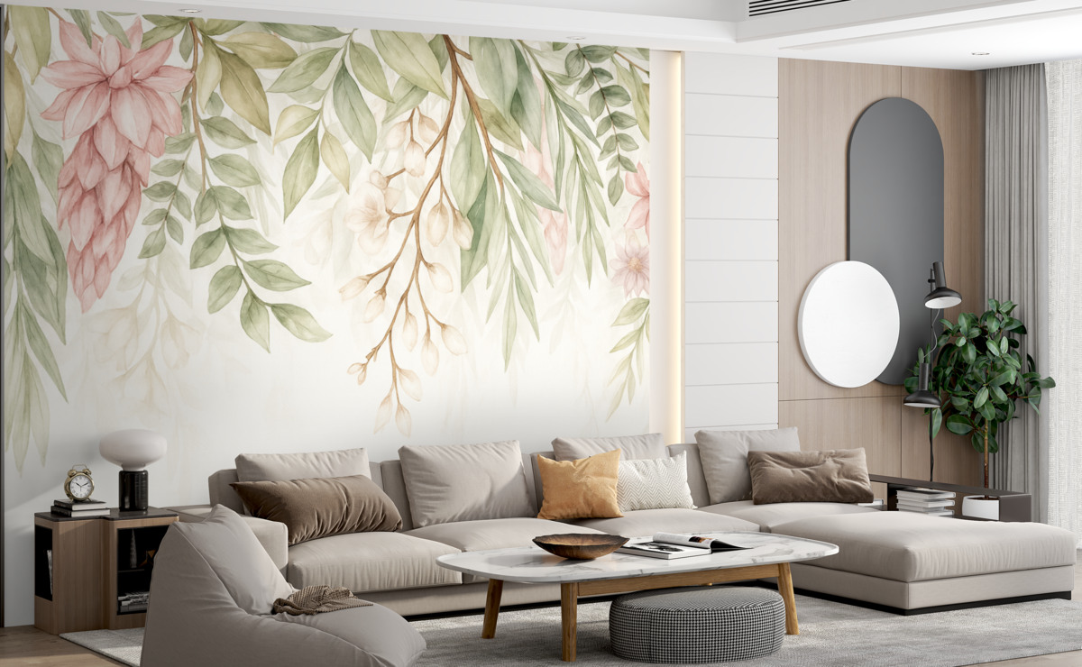 Fototapeta Subtelne różowe i białe kwiaty z zielonymi liśćmi oraz łodygami na jasnym tle.