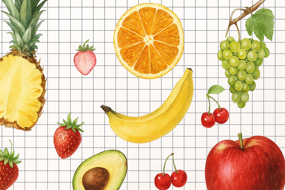 Fototapeta Świeże owoce, takie jak ananas, kawałek pomarańczy, banan, awokado oraz czerwone jabłko na białym tle siatki.