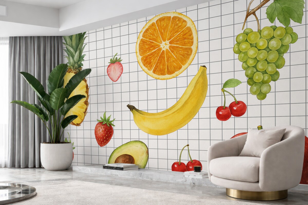 Fototapeta Świeże owoce, takie jak ananas, kawałek pomarańczy, banan, awokado oraz czerwone jabłko na białym tle siatki.