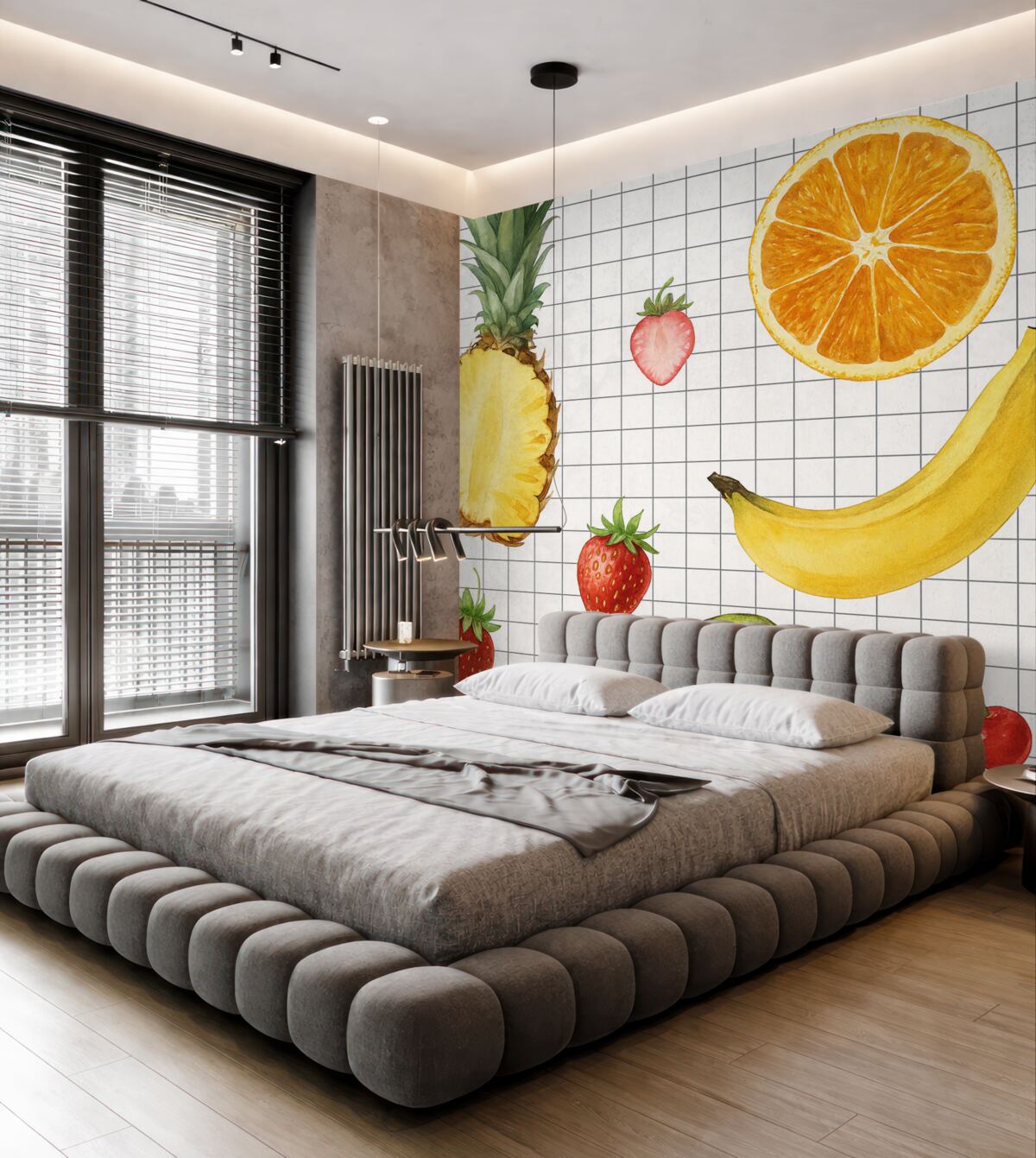 Fototapeta Świeże owoce, takie jak ananas, kawałek pomarańczy, banan, awokado oraz czerwone jabłko na białym tle siatki.