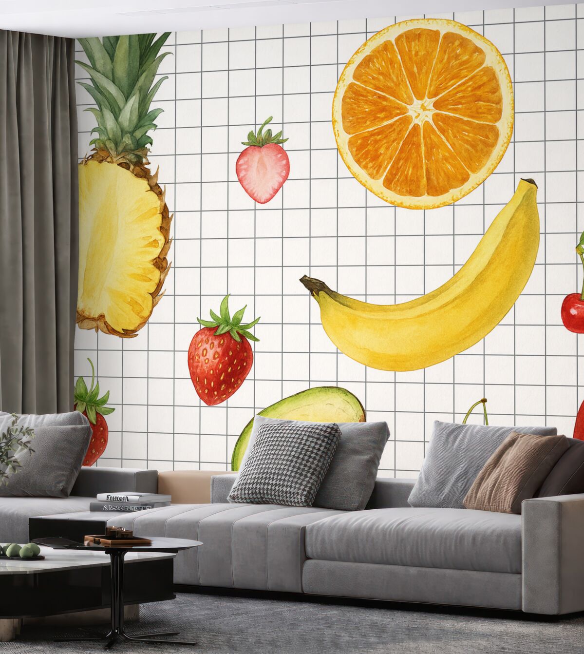 Fototapeta Świeże owoce, takie jak ananas, kawałek pomarańczy, banan, awokado oraz czerwone jabłko na białym tle siatki.