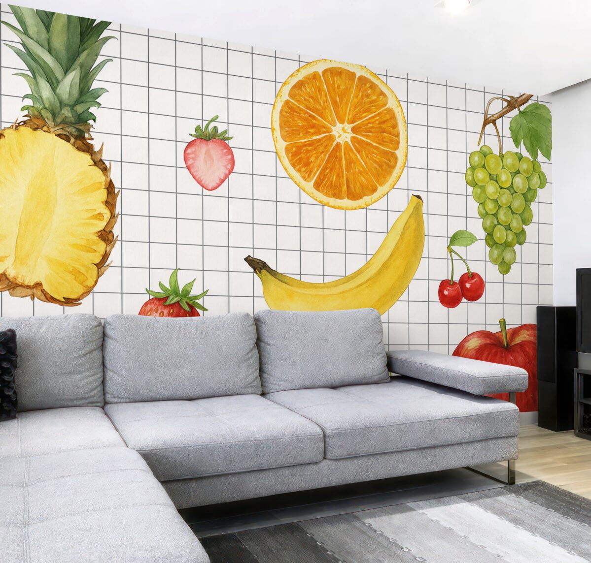 Fototapeta Świeże owoce, takie jak ananas, kawałek pomarańczy, banan, awokado oraz czerwone jabłko na białym tle siatki.