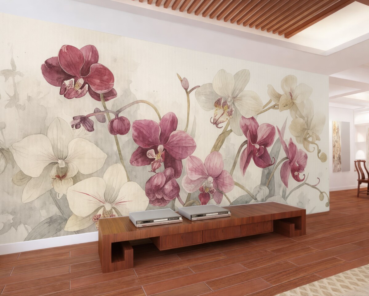 Fototapeta Intensywne różowe i białe kwiaty orchidei na jasnym tle o strukturze akwareli.