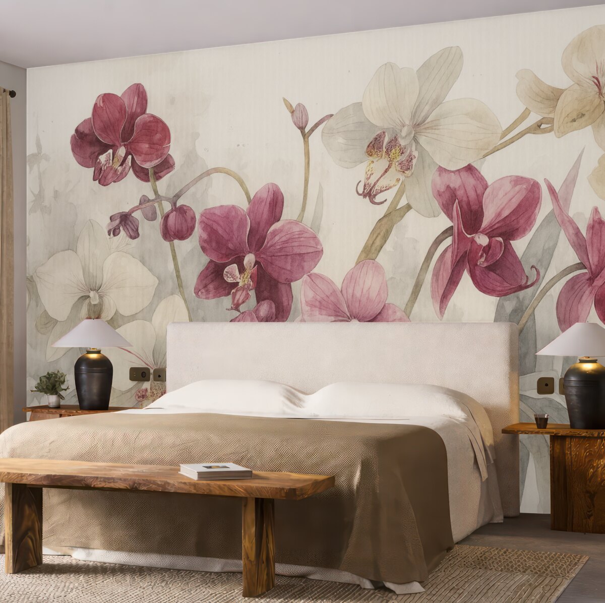 Fototapeta Intensywne różowe i białe kwiaty orchidei na jasnym tle o strukturze akwareli.