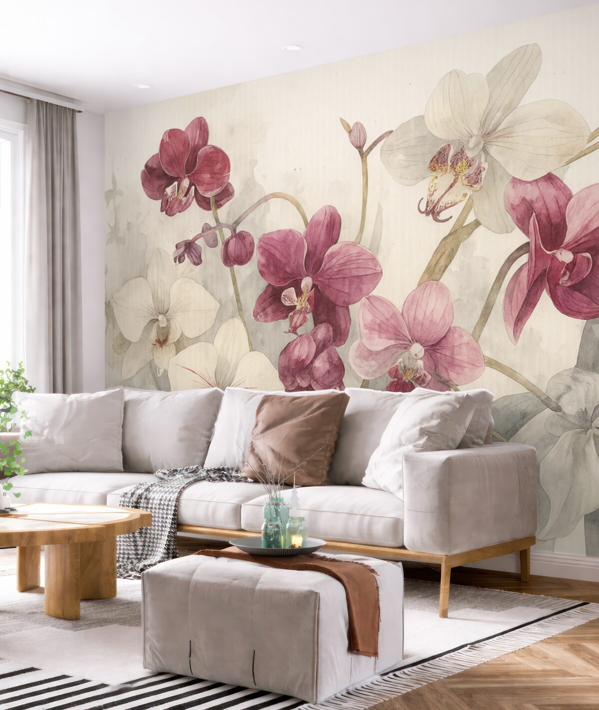 Fototapeta Intensywne różowe i białe kwiaty orchidei na jasnym tle o strukturze akwareli.