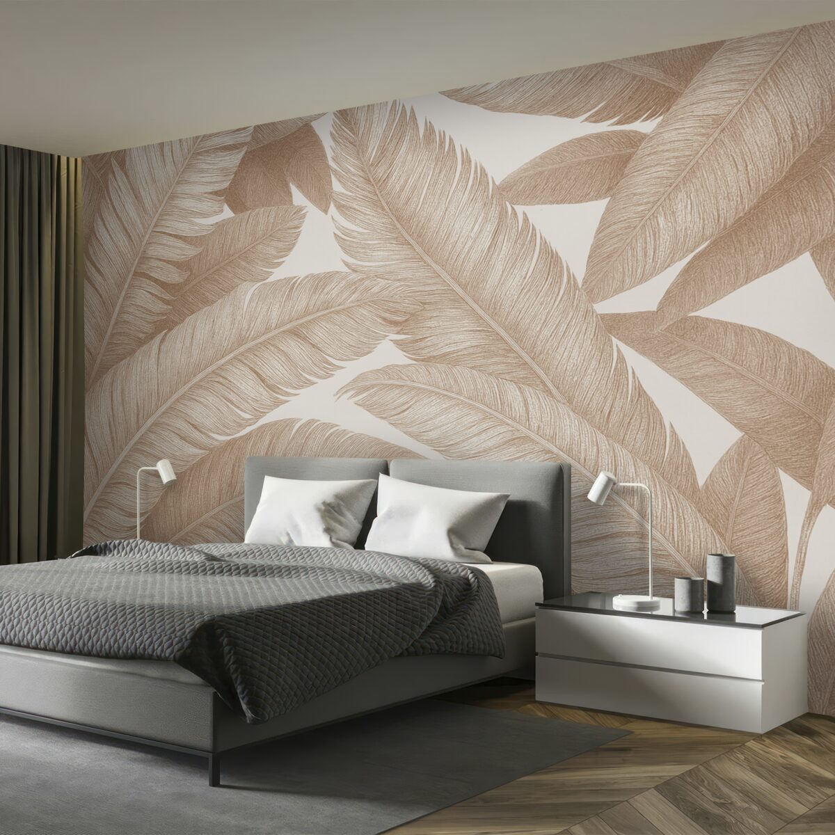 Fototapeta Subtelne liście palmowe w jasnych pastelowych, różowych, przejrzystych odcieniach na neutralnym, prostym tle.