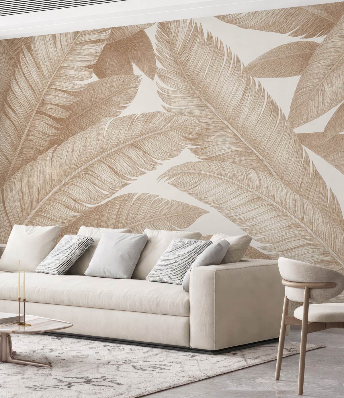 Fototapeta Subtelne liście palmowe w jasnych pastelowych, różowych, przejrzystych odcieniach na neutralnym, prostym tle.