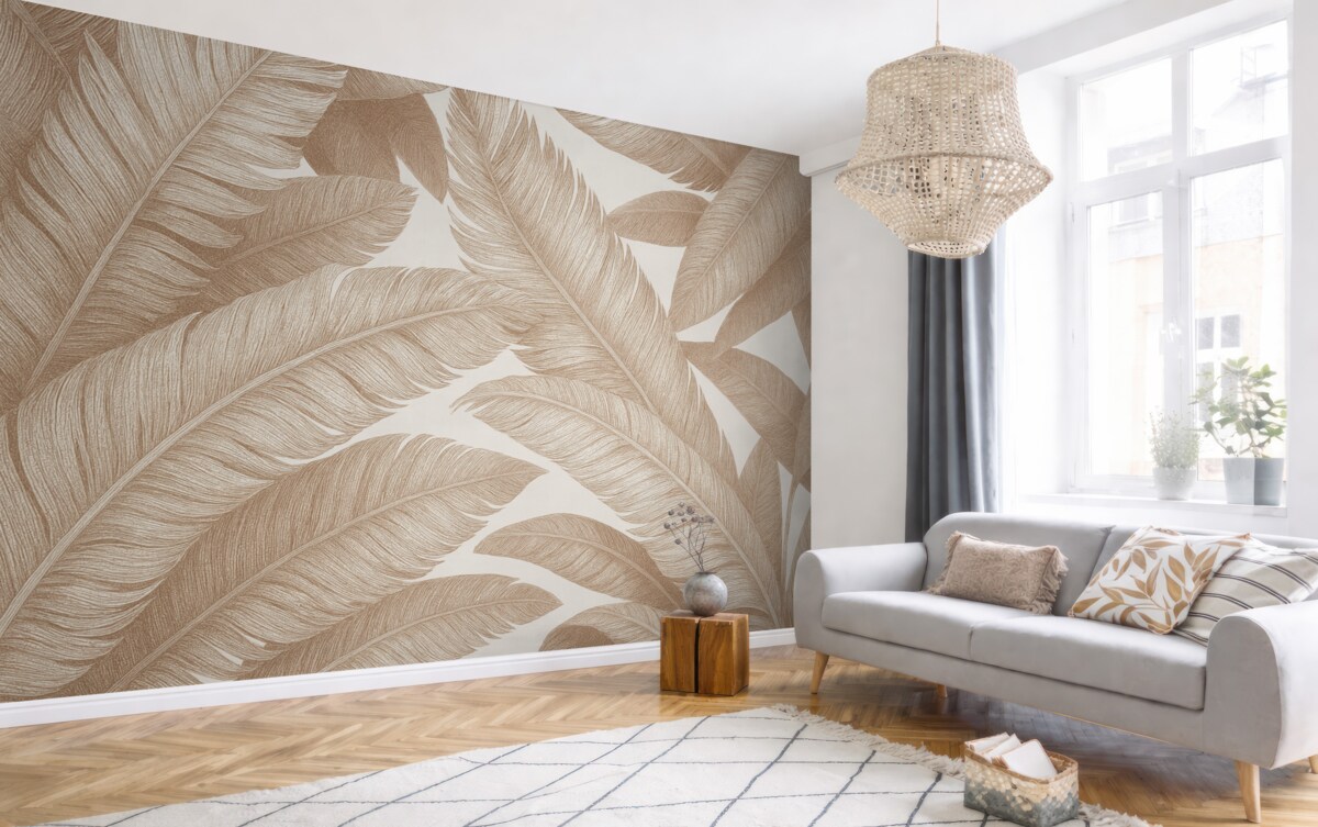 Fototapeta Subtelne liście palmowe w jasnych pastelowych, różowych, przejrzystych odcieniach na neutralnym, prostym tle.