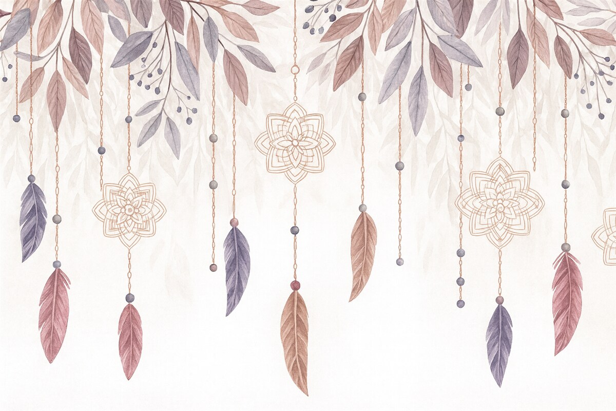 Fototapeta Zawieszone pióra i łapacze snów z motywem kwiatowym na jasnym tle.