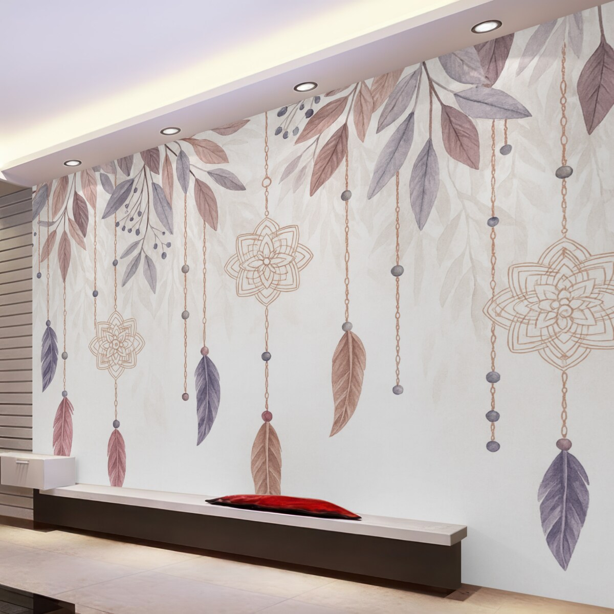 Fototapeta Zawieszone pióra i łapacze snów z motywem kwiatowym na jasnym tle.