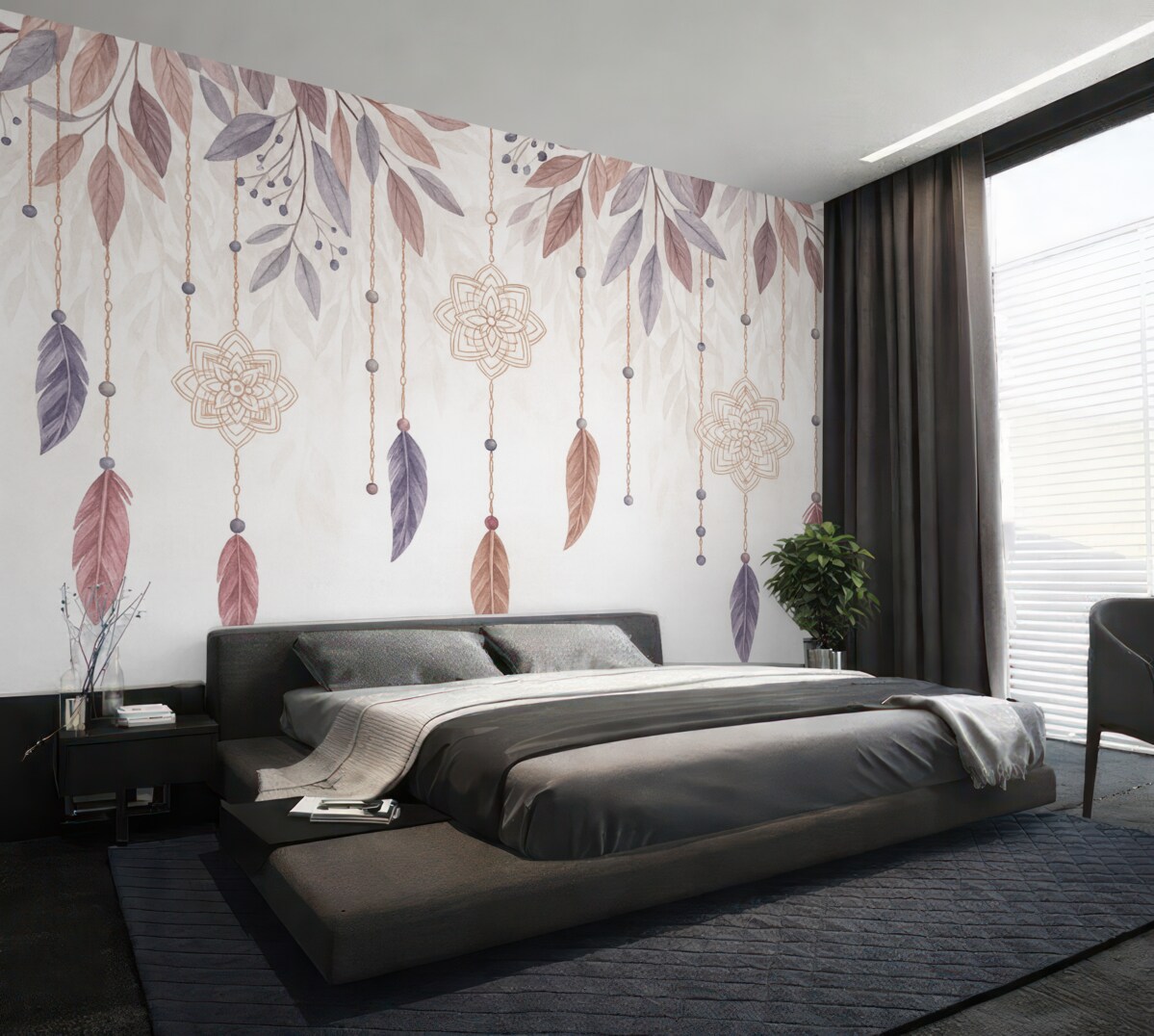 Fototapeta Zawieszone pióra i łapacze snów z motywem kwiatowym na jasnym tle.