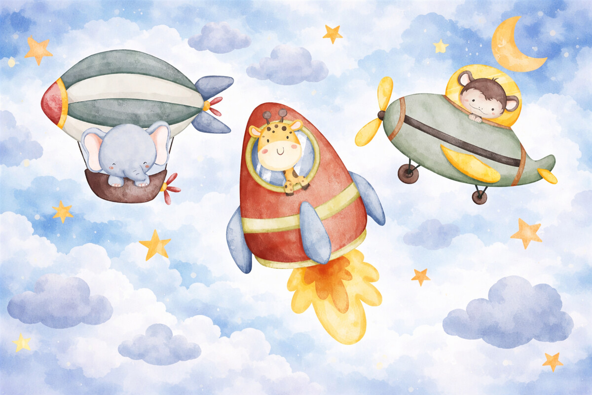 Fototapeta Dziecięca akwarelowa ilustracja ukazująca zbiór uroczych postaci zwierząt w kosmicznej scenerii z gwiazdami.