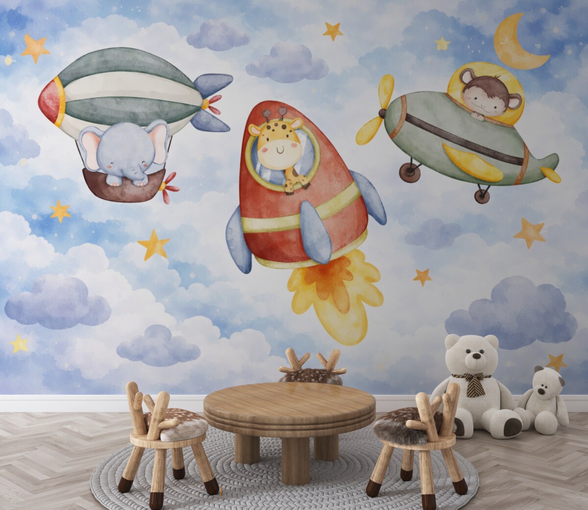 Fototapeta Dziecięca akwarelowa ilustracja ukazująca zbiór uroczych postaci zwierząt w kosmicznej scenerii z gwiazdami.