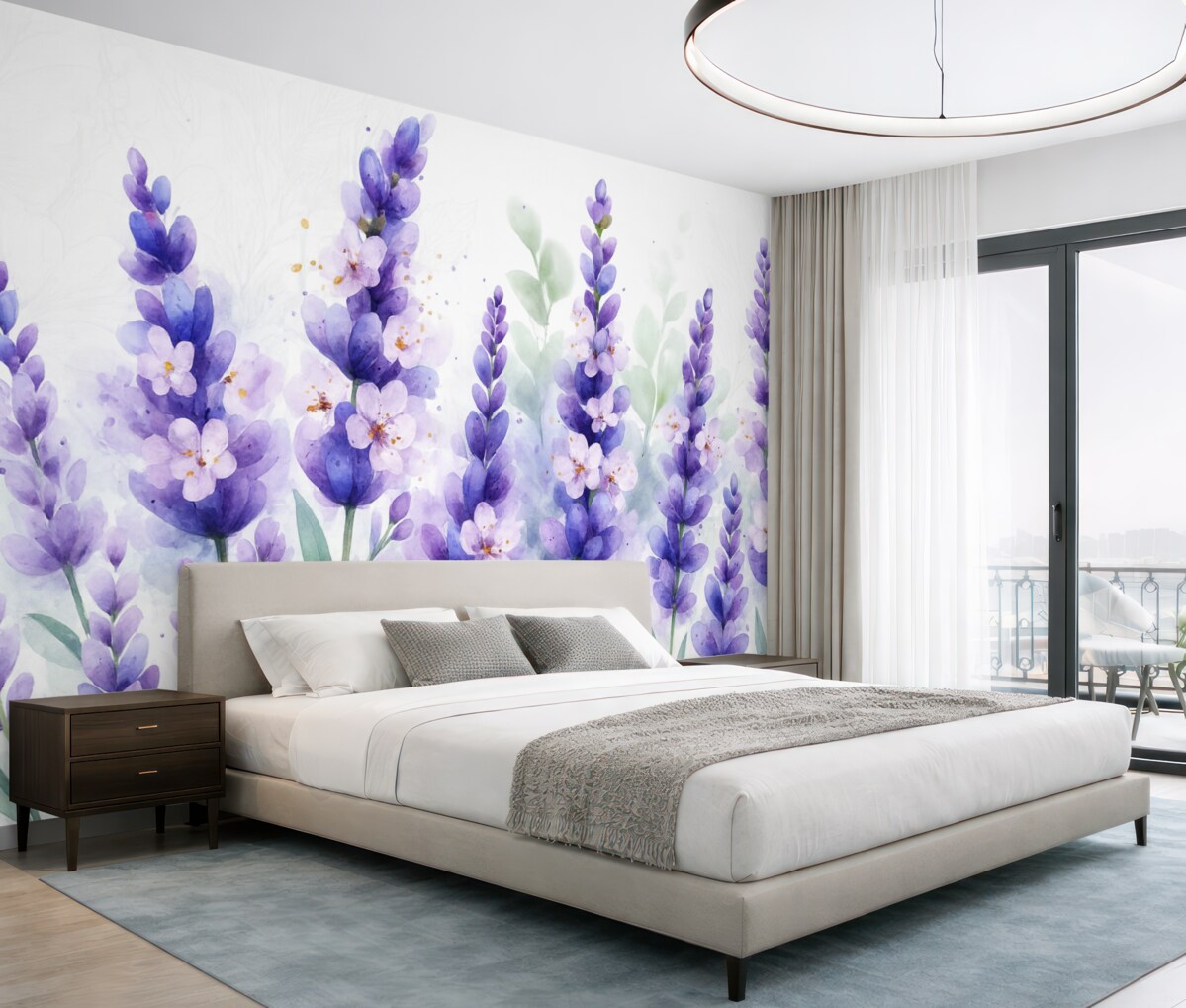 Fototapeta Fioletowe kwiaty lawendy na łące, z łagodnym tłem i zmiękczonym tłem.