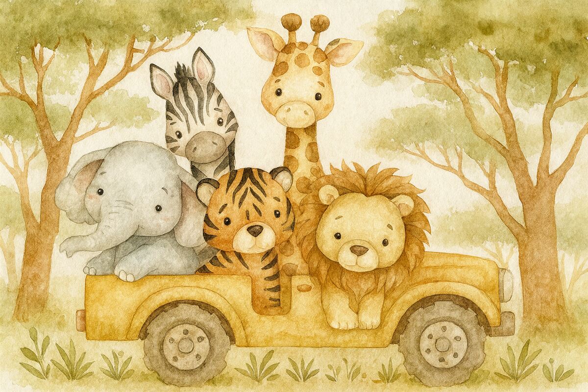 Fototapeta Żółta ciężarówka-zabawka transportująca żyrafę, tygrysa, królika i słonia na tle zielonych liści.