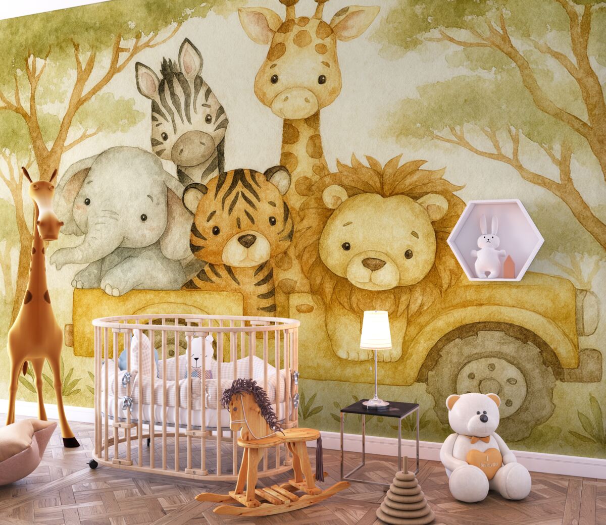 Fototapeta Żółta ciężarówka-zabawka transportująca żyrafę, tygrysa, królika i słonia na tle zielonych liści.