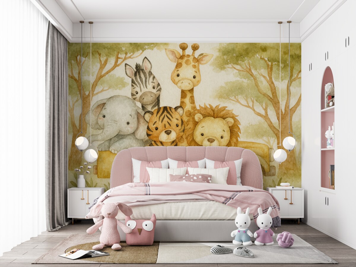 Fototapeta Żółta ciężarówka-zabawka transportująca żyrafę, tygrysa, królika i słonia na tle zielonych liści.