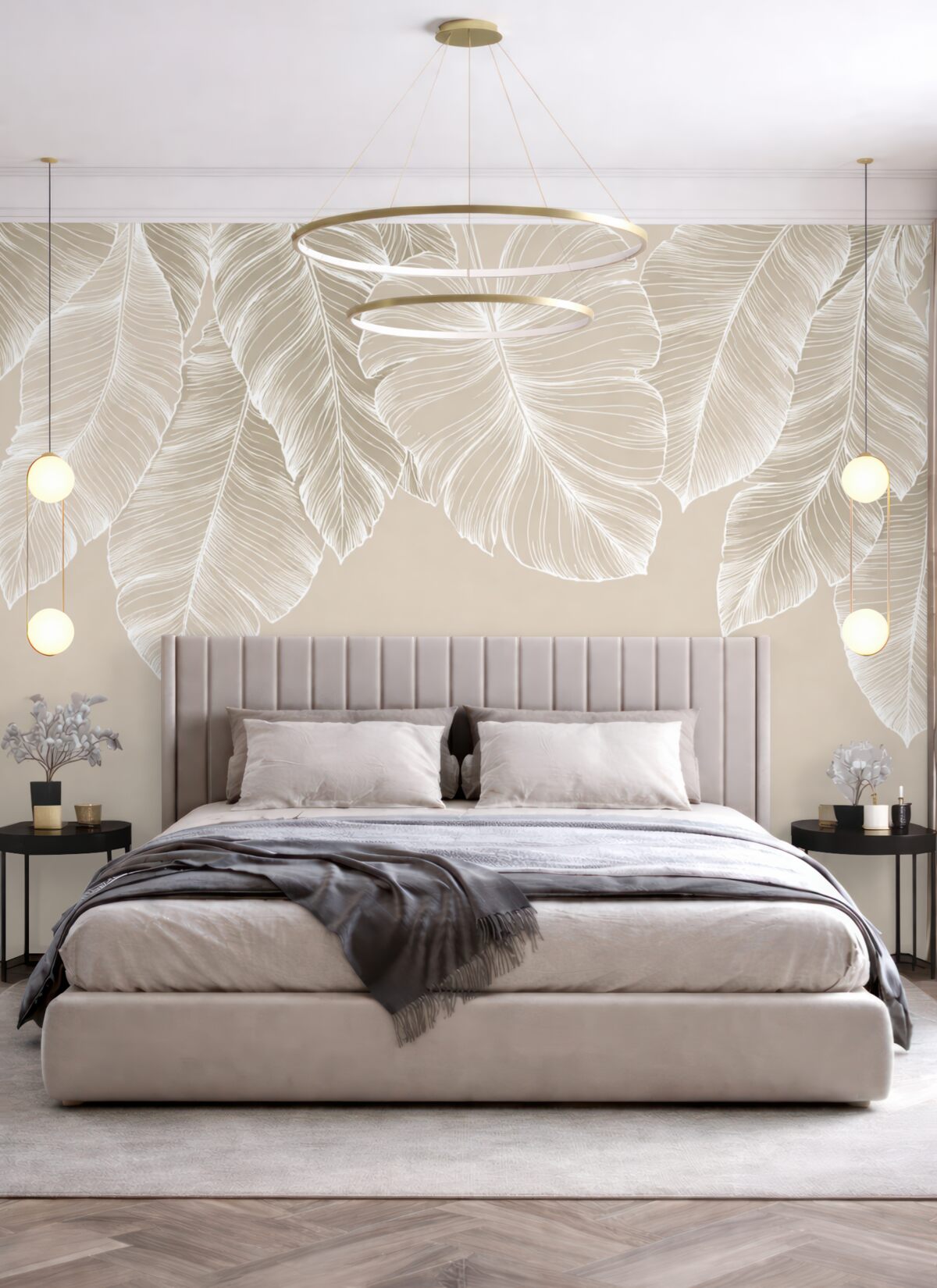 Fototapeta Białe tropikalne liście kwiatowe na jasnym tle w odcieniu beżu, prosty styl.