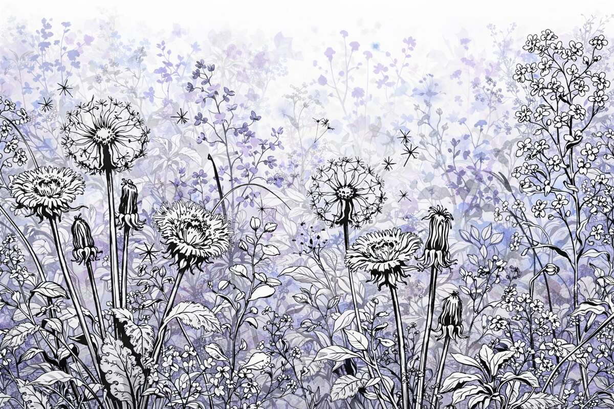 Fototapeta Łąka pokryta kwiatami i trawami w kolorach fioletowym, czarnym i białym na jasnym tle.