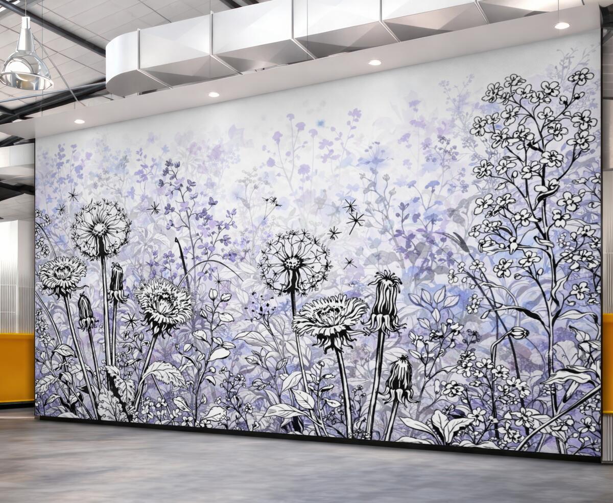 Fototapeta Łąka pokryta kwiatami i trawami w kolorach fioletowym, czarnym i białym na jasnym tle.