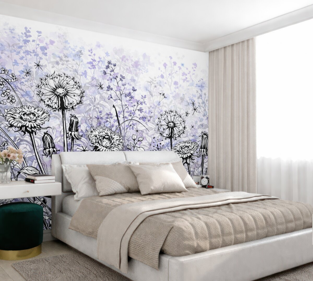 Fototapeta Łąka pokryta kwiatami i trawami w kolorach fioletowym, czarnym i białym na jasnym tle.