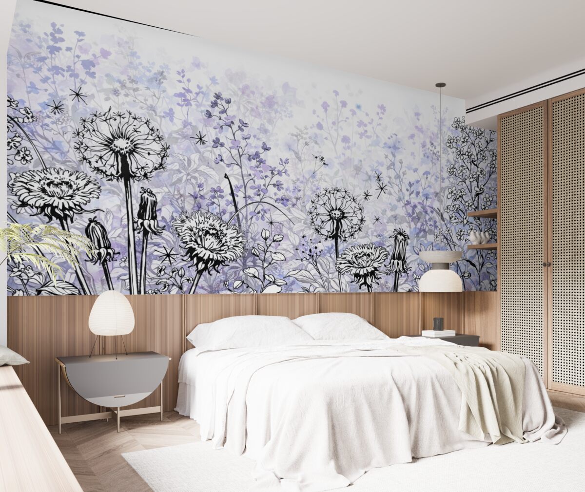 Fototapeta Łąka pokryta kwiatami i trawami w kolorach fioletowym, czarnym i białym na jasnym tle.