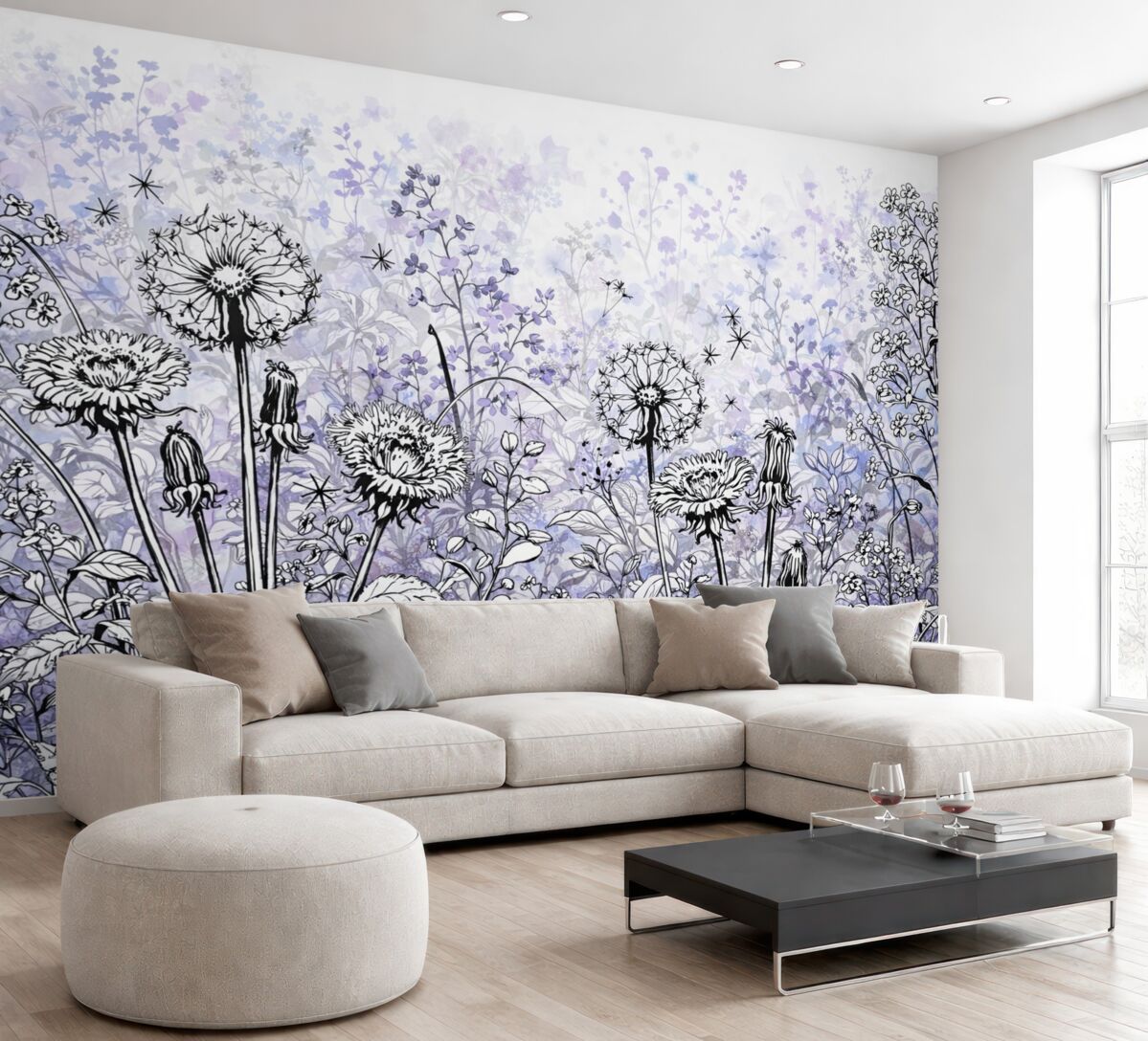 Fototapeta Łąka pokryta kwiatami i trawami w kolorach fioletowym, czarnym i białym na jasnym tle.