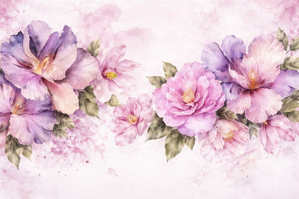 Fototapeta Subtelne różowe oraz fioletowe kwiaty akwarelowe z aksamitnymi płatkami i zielonymi liśćmi na jasnym tle.