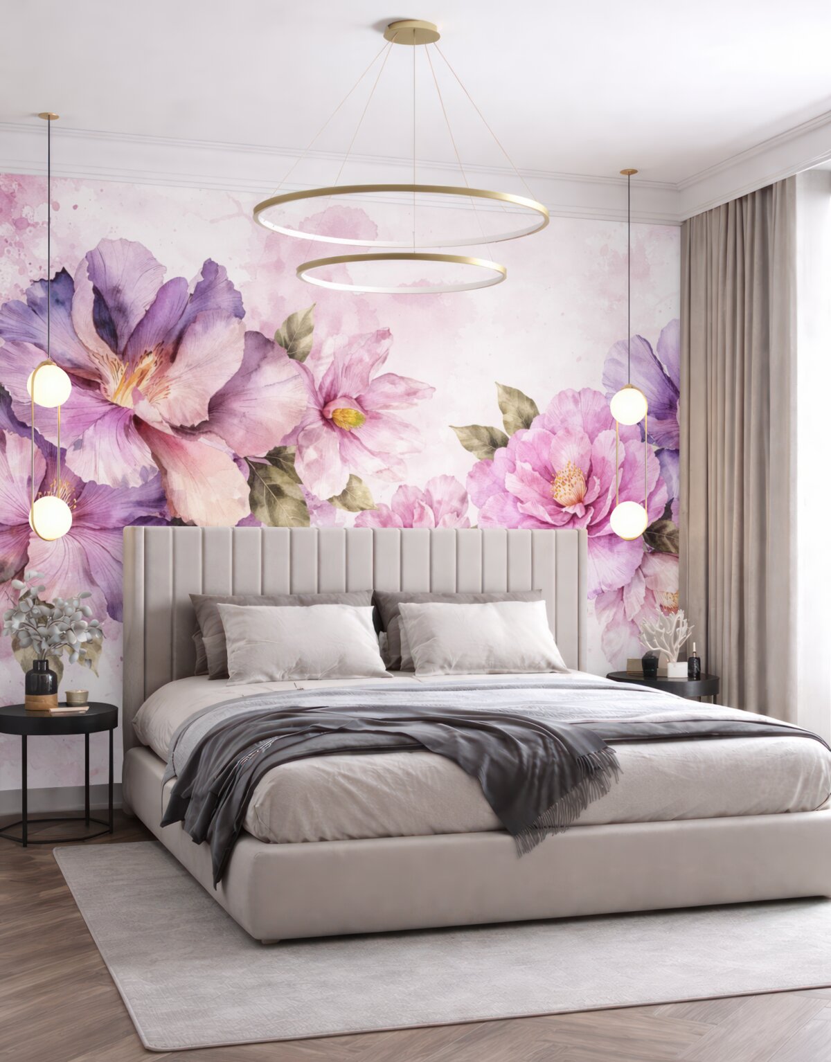 Fototapeta Subtelne różowe oraz fioletowe kwiaty akwarelowe z aksamitnymi płatkami i zielonymi liśćmi na jasnym tle.