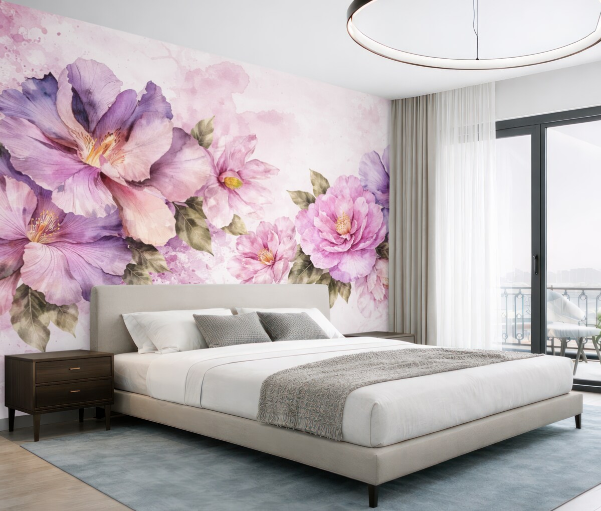 Fototapeta Subtelne różowe oraz fioletowe kwiaty akwarelowe z aksamitnymi płatkami i zielonymi liśćmi na jasnym tle.