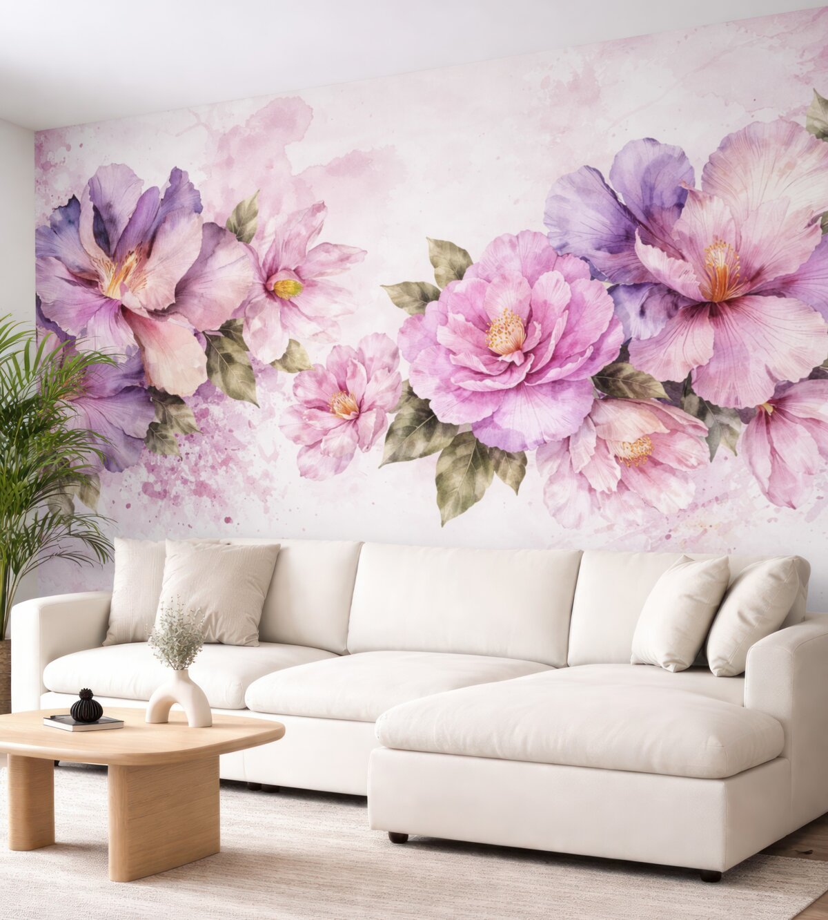 Fototapeta Subtelne różowe oraz fioletowe kwiaty akwarelowe z aksamitnymi płatkami i zielonymi liśćmi na jasnym tle.