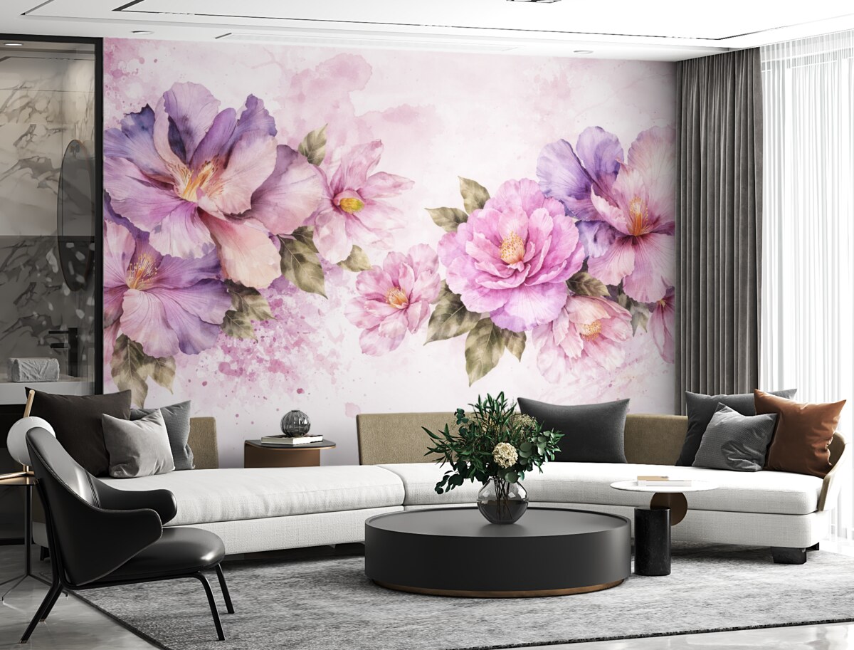 Fototapeta Subtelne różowe oraz fioletowe kwiaty akwarelowe z aksamitnymi płatkami i zielonymi liśćmi na jasnym tle.