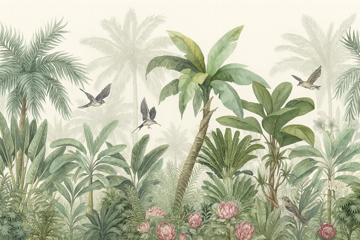 Fototapeta Zielona tropikalna dżungla z różnorodnymi palmami, dużymi liśćmi i barwnymi kwiatami na pierwszym planie.