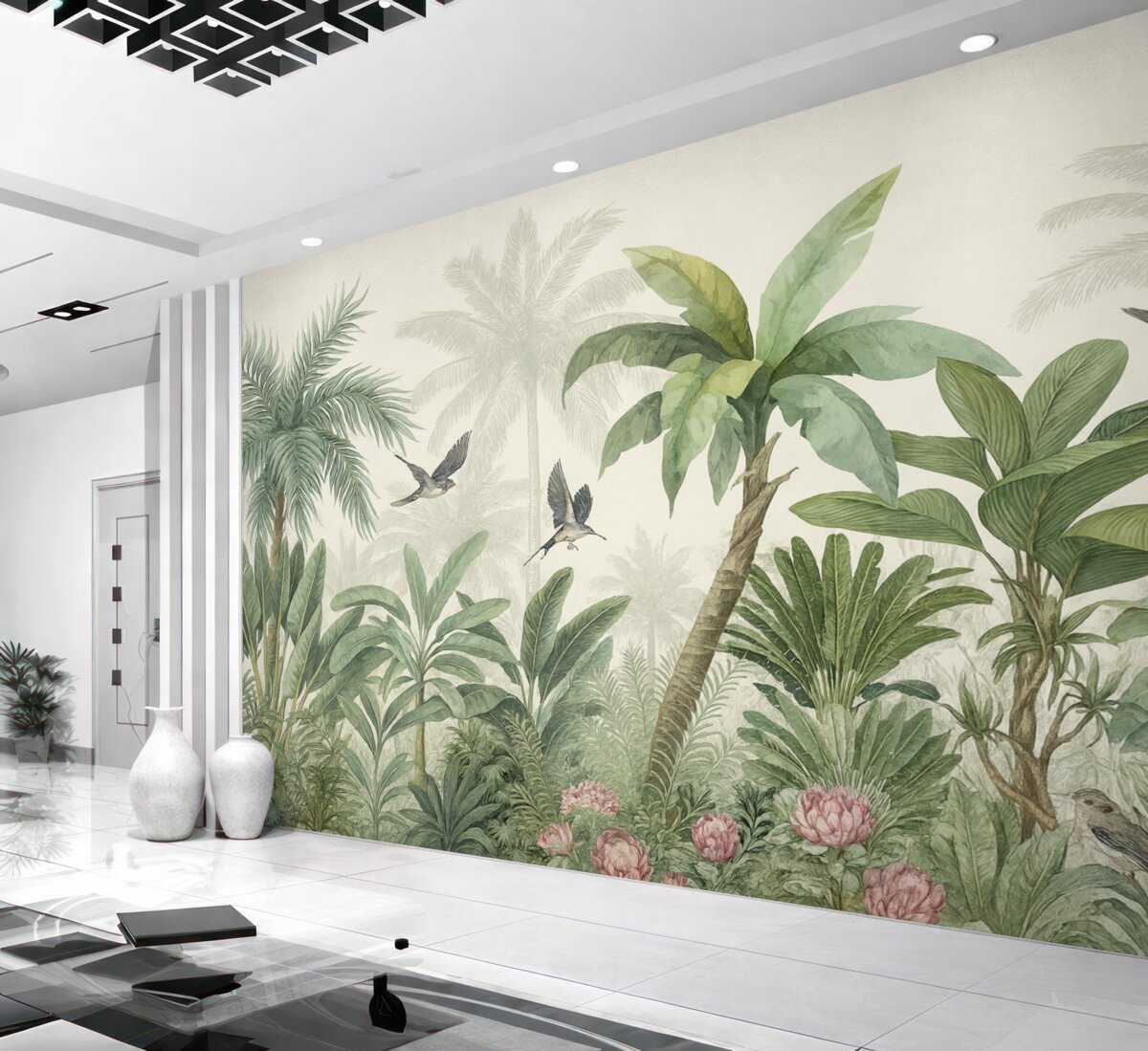 Fototapeta Zielona tropikalna dżungla z różnorodnymi palmami, dużymi liśćmi i barwnymi kwiatami na pierwszym planie.