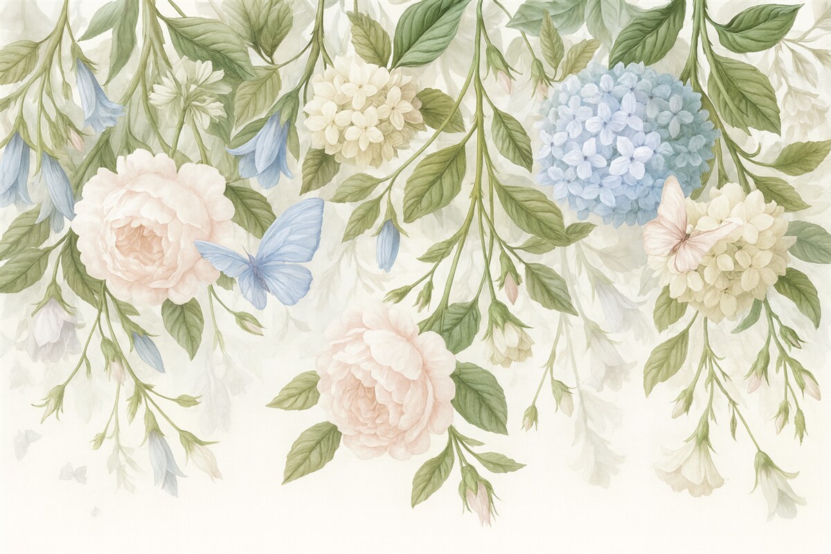 Fototapeta Subtelna kwiatowa grafika z pastelowymi różowymi różami, białymi hortensjami oraz zielonymi liśćmi na jasnym tle.