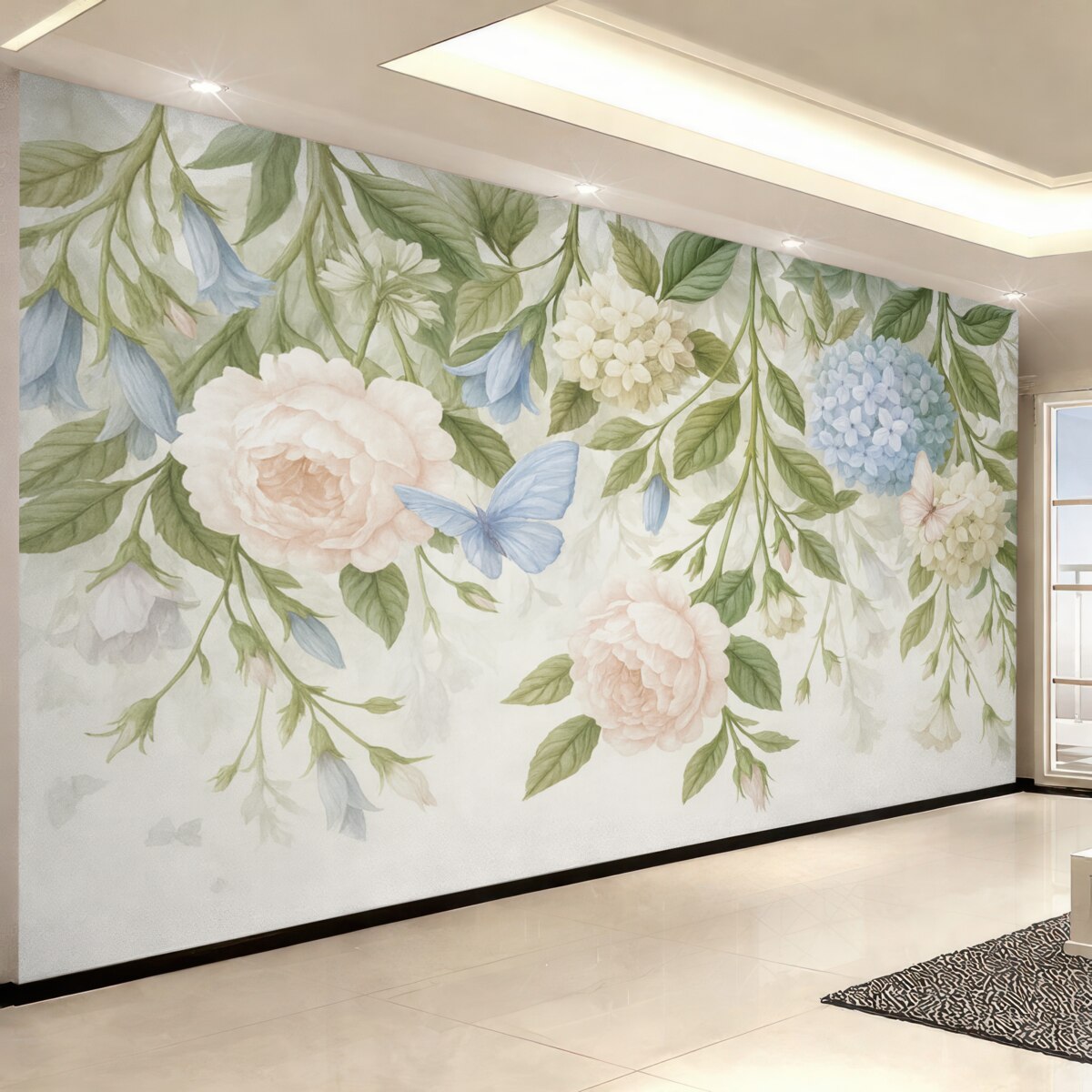 Fototapeta Subtelna kwiatowa grafika z pastelowymi różowymi różami, białymi hortensjami oraz zielonymi liśćmi na jasnym tle.