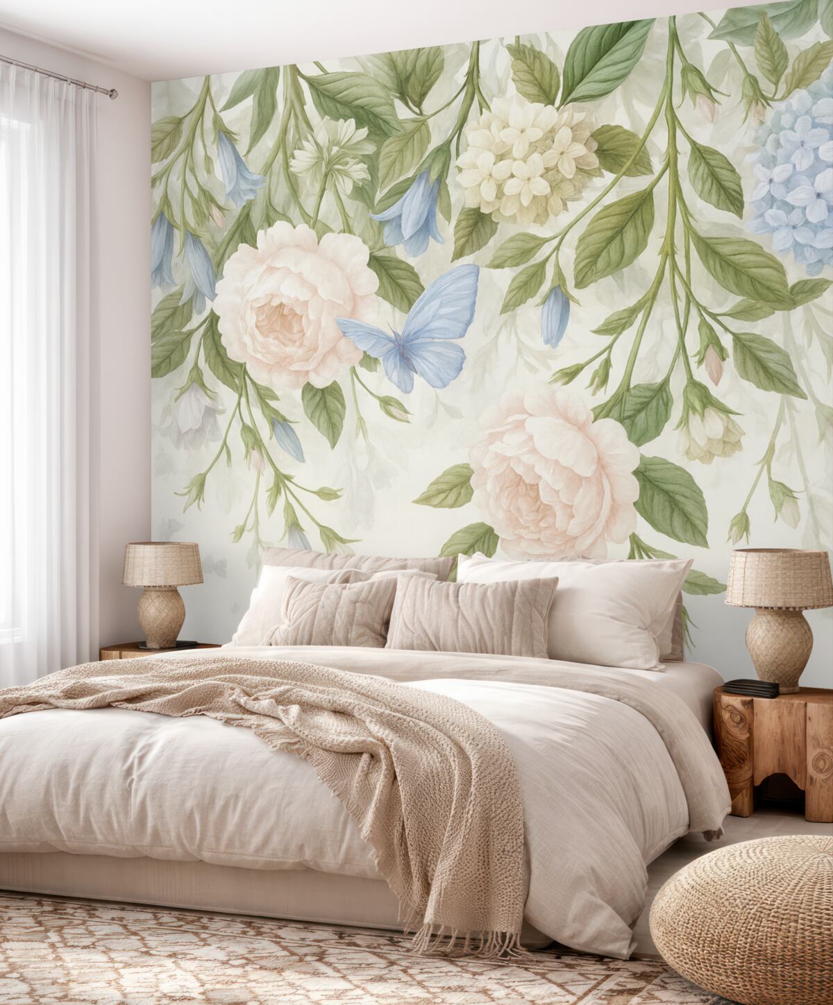 Fototapeta Subtelna kwiatowa grafika z pastelowymi różowymi różami, białymi hortensjami oraz zielonymi liśćmi na jasnym tle.