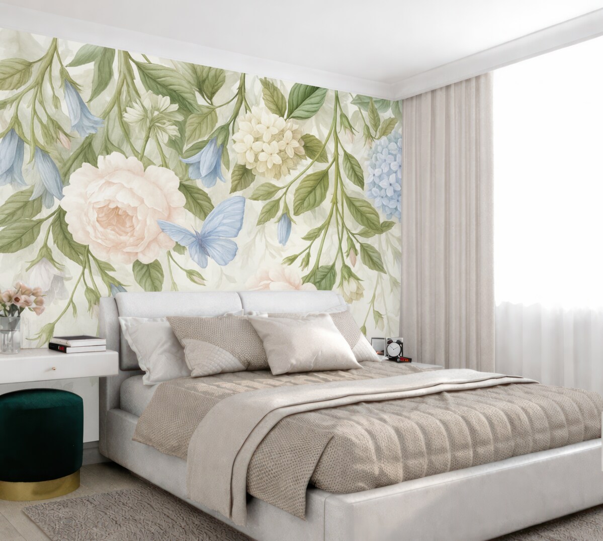 Fototapeta Subtelna kwiatowa grafika z pastelowymi różowymi różami, białymi hortensjami oraz zielonymi liśćmi na jasnym tle.