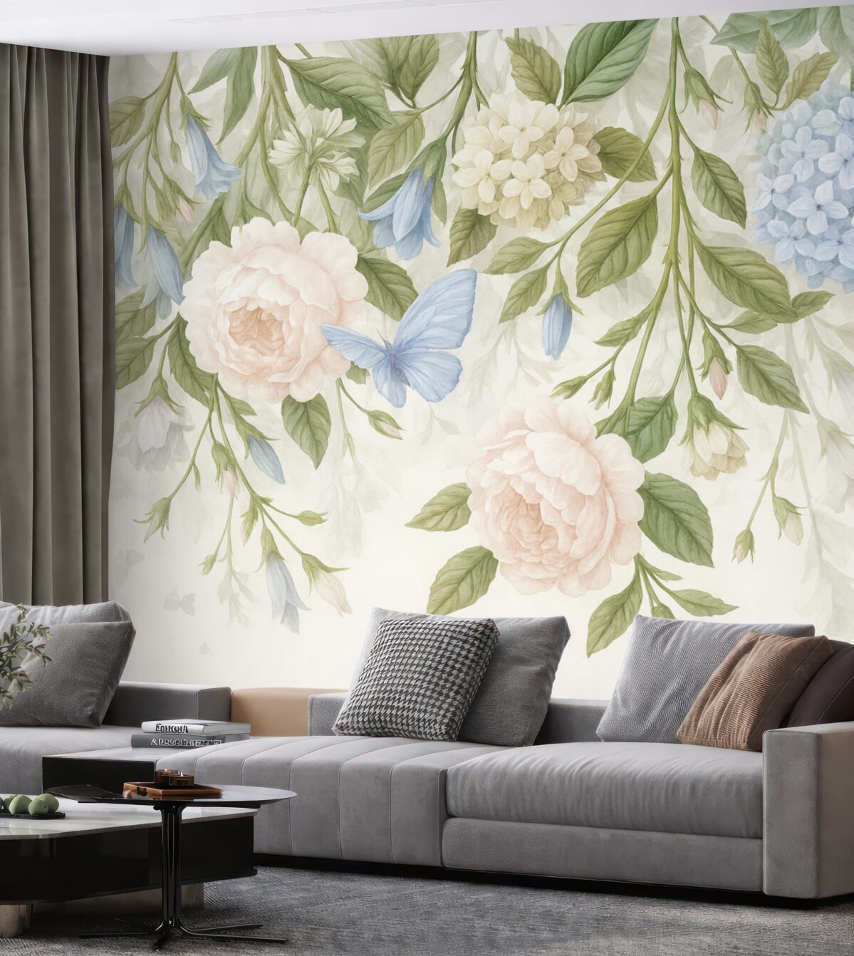 Fototapeta Subtelna kwiatowa grafika z pastelowymi różowymi różami, białymi hortensjami oraz zielonymi liśćmi na jasnym tle.