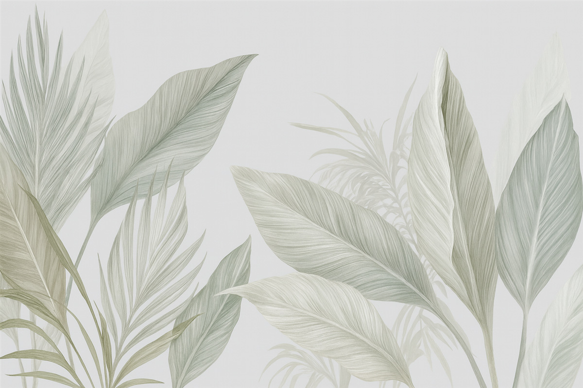 Fototapeta Delikatne białe, zielone i szare pióra oraz tropikalne liście dryfujące na jasnym tle.