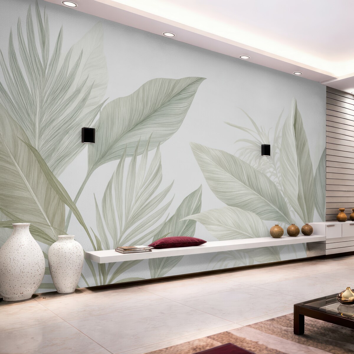 Fototapeta Delikatne białe, zielone i szare pióra oraz tropikalne liście dryfujące na jasnym tle.