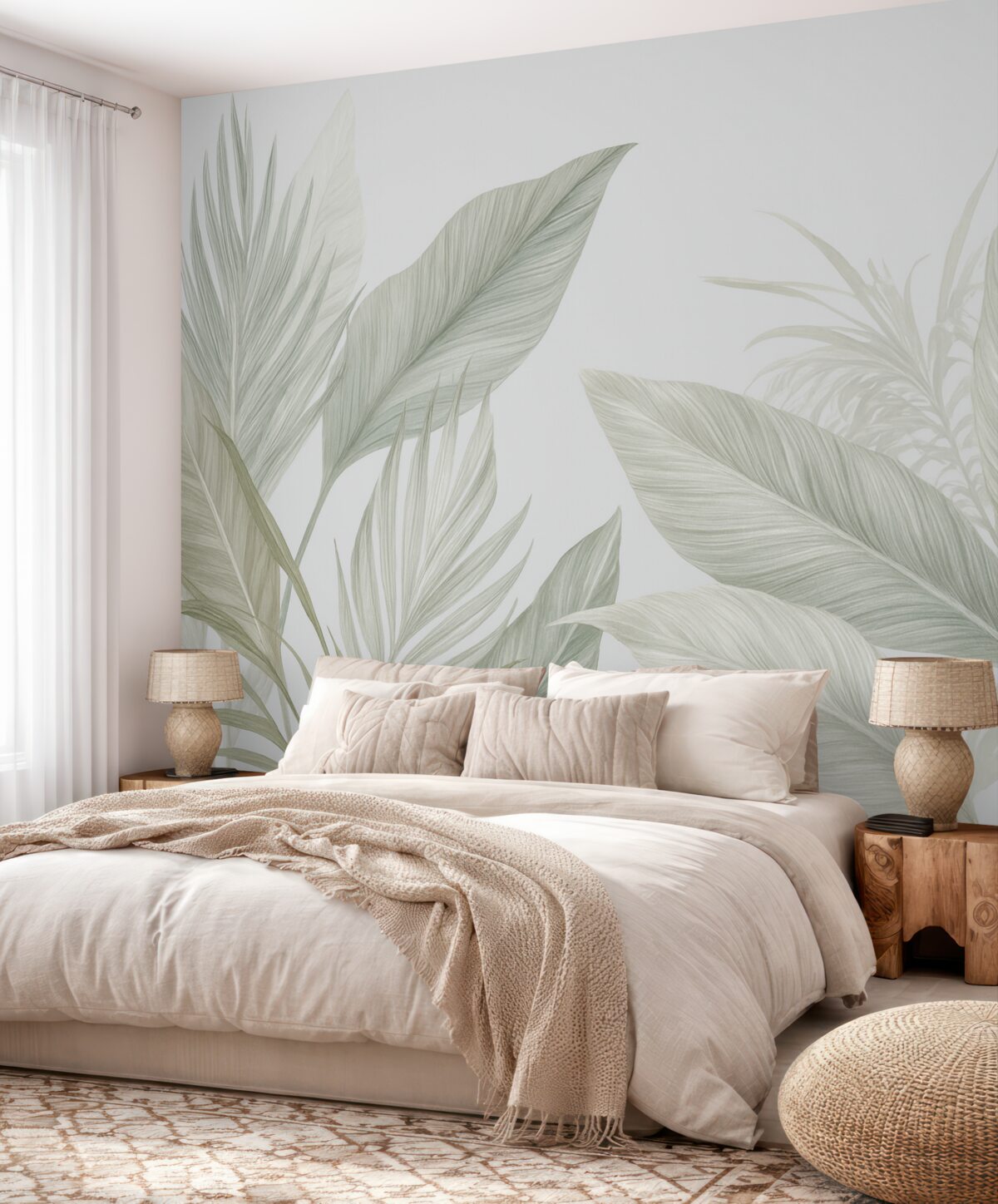 Fototapeta Delikatne białe, zielone i szare pióra oraz tropikalne liście dryfujące na jasnym tle.
