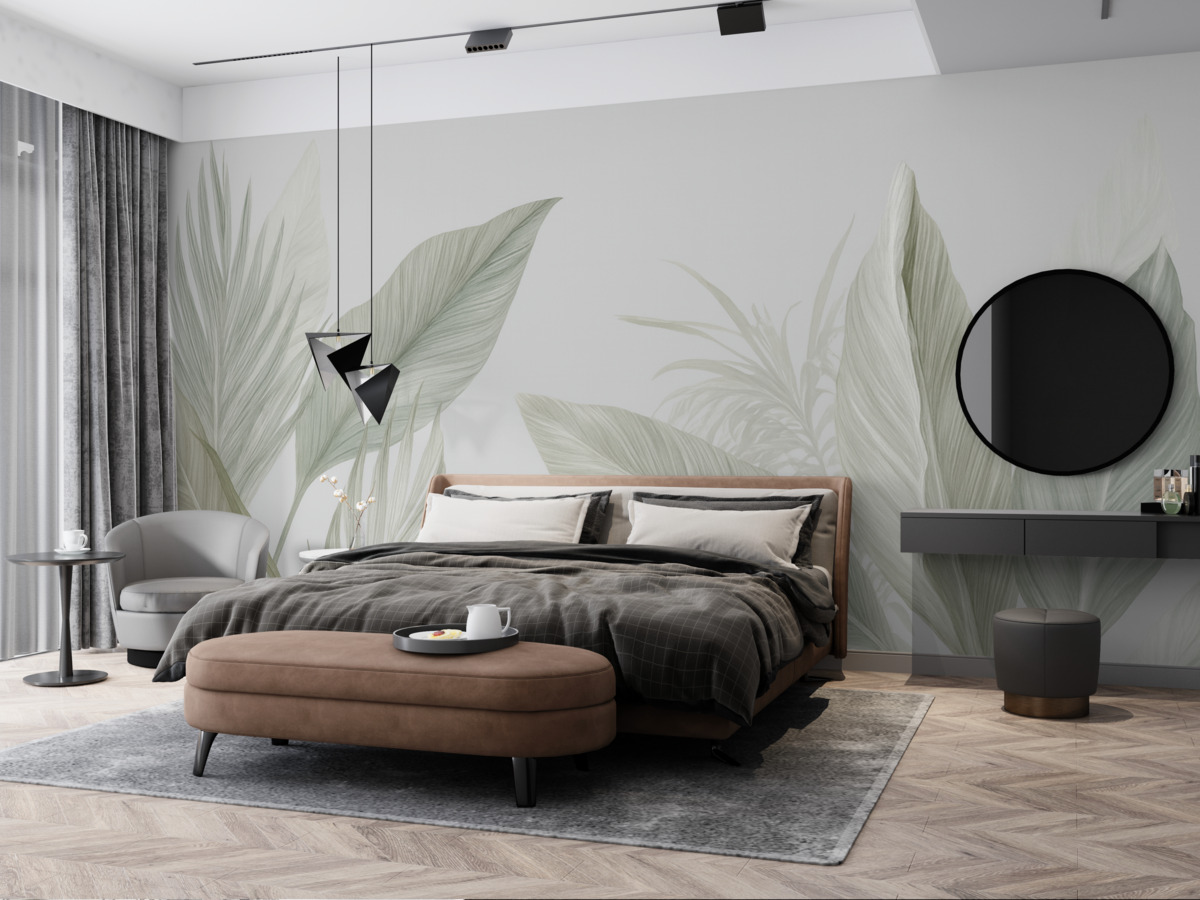 Fototapeta Delikatne białe, zielone i szare pióra oraz tropikalne liście dryfujące na jasnym tle.