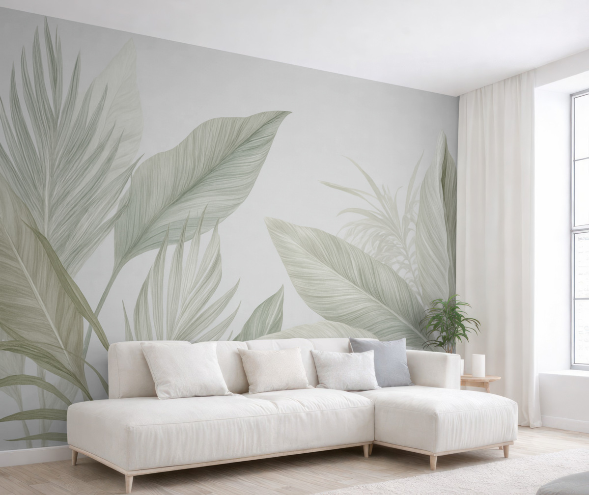 Fototapeta Delikatne białe, zielone i szare pióra oraz tropikalne liście dryfujące na jasnym tle.