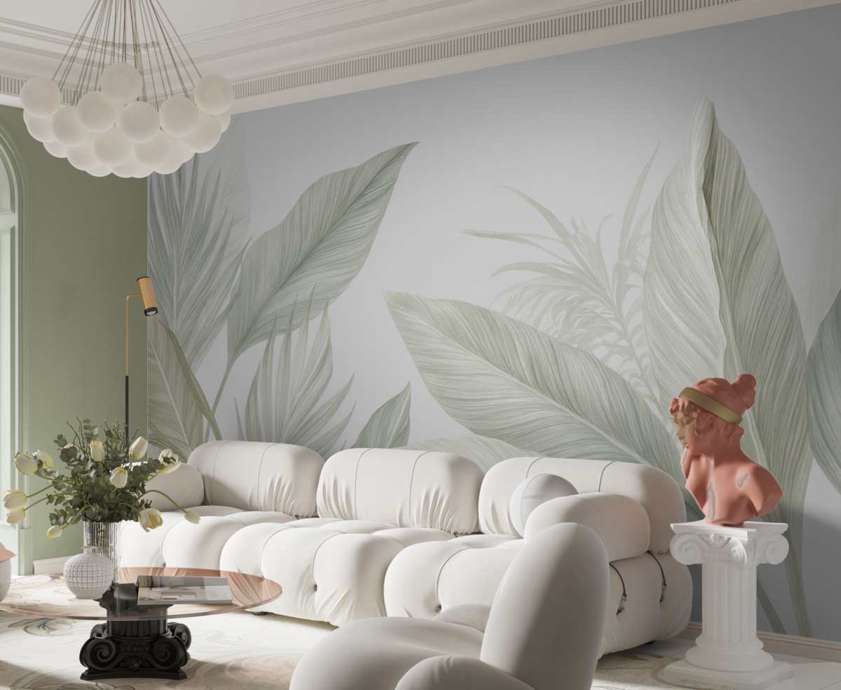 Fototapeta Delikatne białe, zielone i szare pióra oraz tropikalne liście dryfujące na jasnym tle.