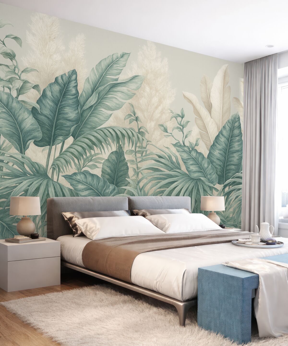 Fototapeta Scena tropikalnej dżungli z wielkimi zielonymi liśćmi i kwiatami na czołowej płaszczyźnie, wytwarzająca bujną atmosferę.