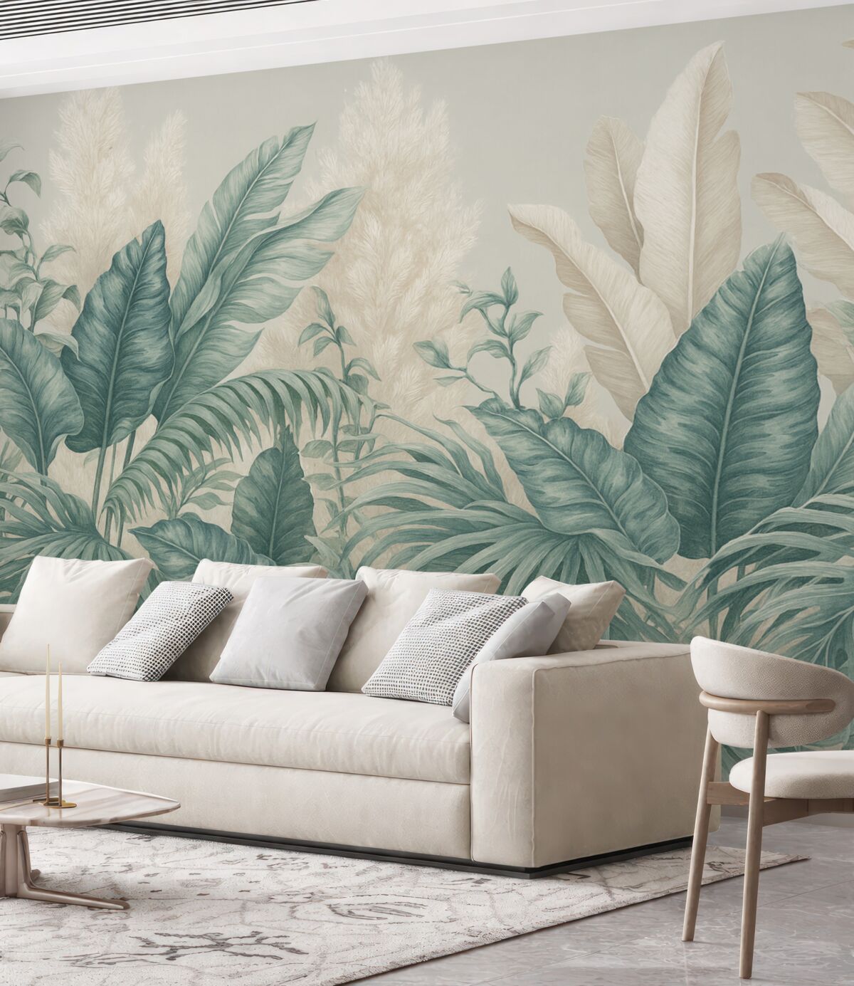 Fototapeta Scena tropikalnej dżungli z wielkimi zielonymi liśćmi i kwiatami na czołowej płaszczyźnie, wytwarzająca bujną atmosferę.