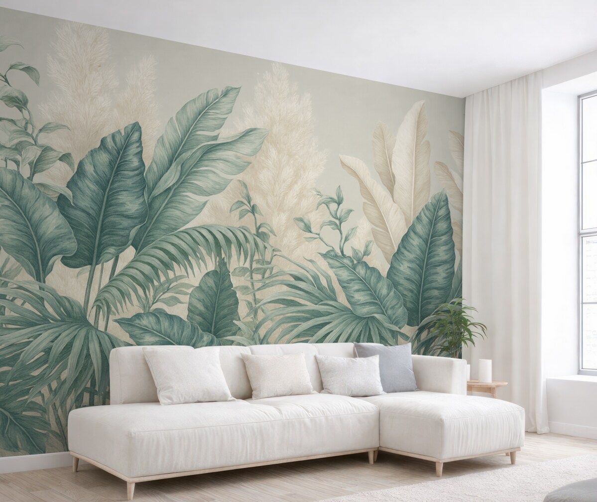 Fototapeta Scena tropikalnej dżungli z wielkimi zielonymi liśćmi i kwiatami na czołowej płaszczyźnie, wytwarzająca bujną atmosferę.