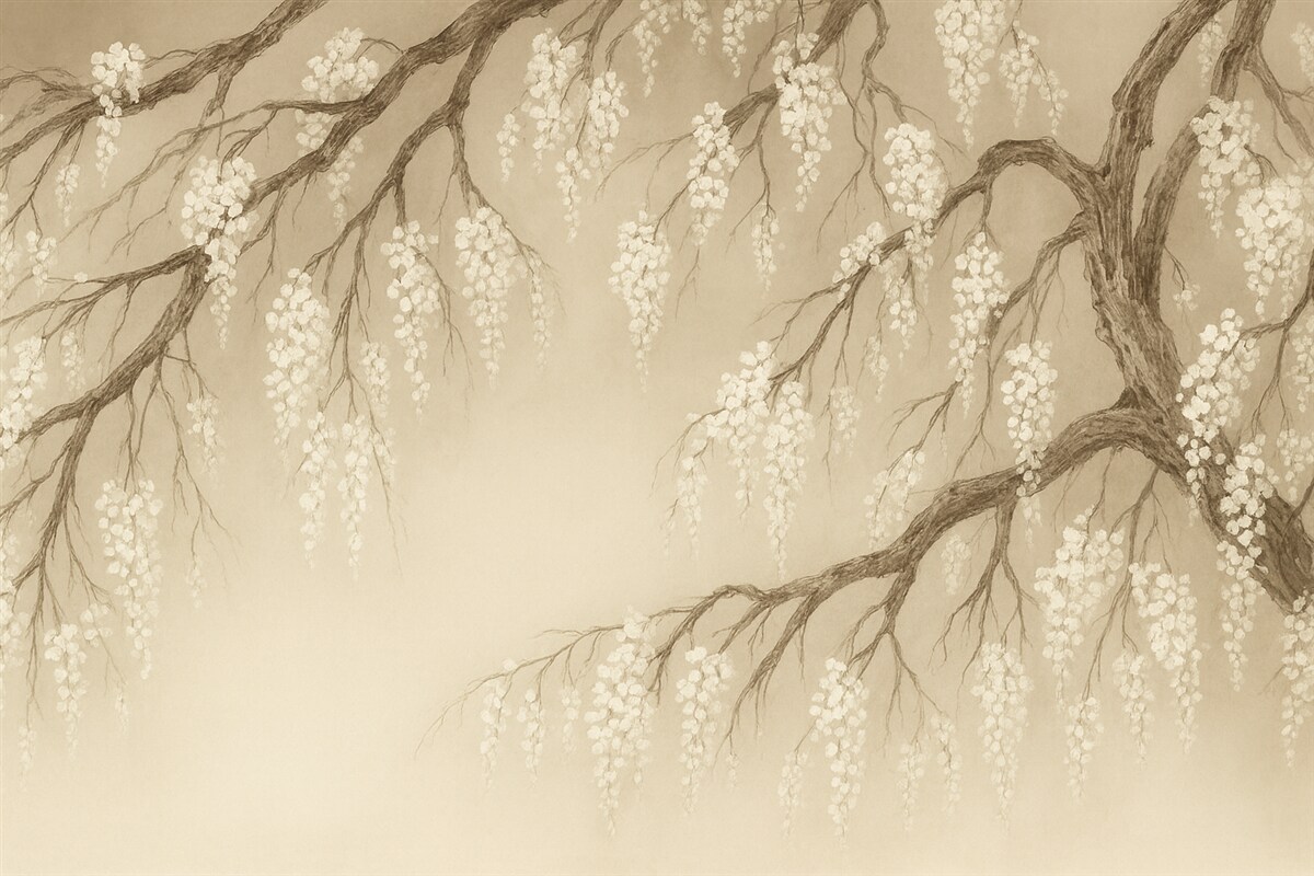 Fototapeta Subtelne białe drzewo wiśniowe z kwiatami rozwijającymi się na gałęziach na jasnobeżowym tle.