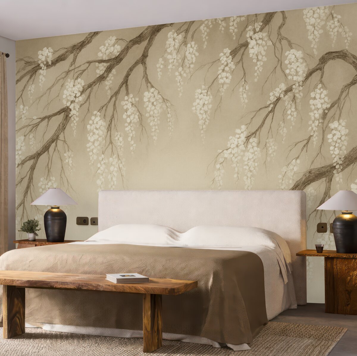 Fototapeta Subtelne białe drzewo wiśniowe z kwiatami rozwijającymi się na gałęziach na jasnobeżowym tle.